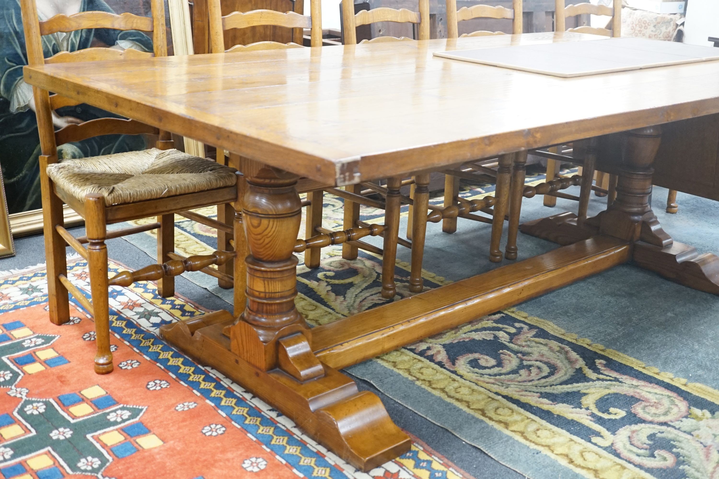 A good 18th century style Belvedere Furniture rectangular light oak refectory dining table, with end extensions, length 305cm extended, width 121cm, height 76cm